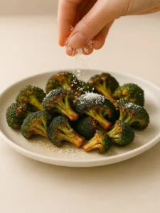 Parmesan cheese being sprinkled over hot crispy broccoli from a wooden spoon