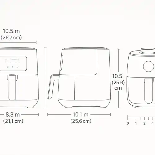 Cosori Lite Mini Air Fryer dimensions showing compact 10.1 x 8.3 x 10.5 inch footprint