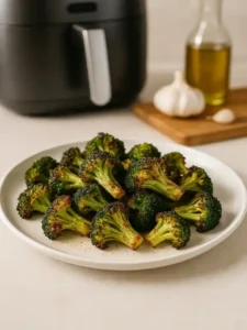 Crispy air fryer broccoli on white plate with golden edges, served on clean kitchen counter with air fryer in background"