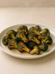 Golden crispy broccoli fresh out of the air fryer on a white plate