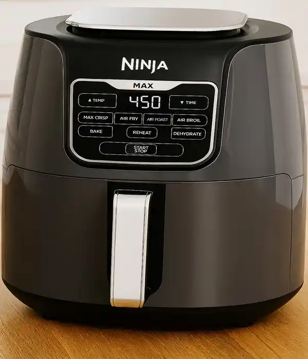 Ninja Air Fryer Max XL on kitchen counter with golden french fries nearby