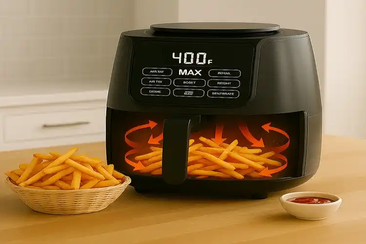 Illustration of how an air fryer works showing hot air circulation around crispy french fries
