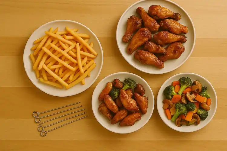Popular air fryer recipes including french fries, chicken wings and roasted veggies